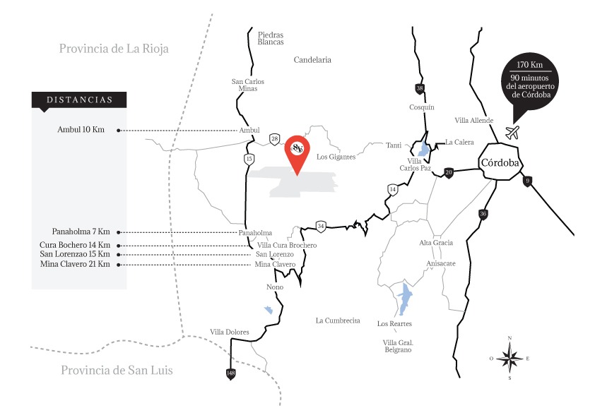 Mapa distancias Sierra Virgen en Traslasierra - Córdoba -